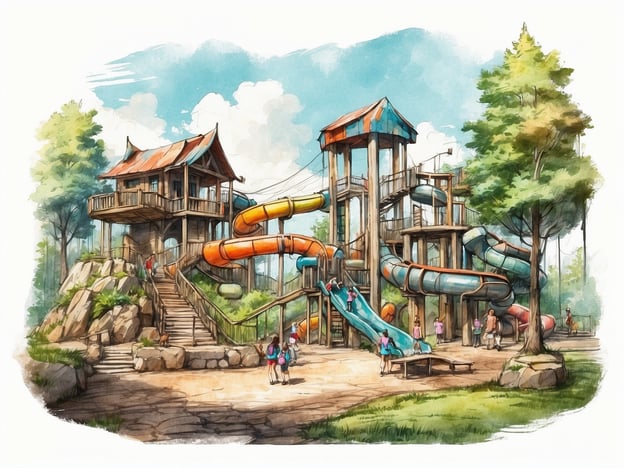 Auf dem Bild ist eine grafische Darstellung eines Abenteuerparks zu sehen, der mehrere Rutschen und Spielstrukturen umfasst. Es gibt Holzplattformen, die durch Rutschen miteinander verbunden sind, sowie Kinder, die spielen und eine treppenartige Struktur hinauf- und hinuntergehen. Die Umgebung besteht aus Bäumen und naturalistischer Landschaft.Der Abenteuerpark Ziegelwies ist ein Freizeitgelände, das verschiedene Aktivitäten und Attraktionen für Familien und Kinder bietet. Solche Parks sind oft darauf ausgelegt, Abenteuer, Spaß und aktive Freizeitgestaltung zu fördern. Hier kann man in der Natur spielen, klettern und rutschen, was sowohl die körperliche Fitness als auch die sozialen Interaktionen der Kinder unterstützt.