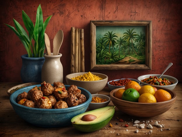 Auf dem Bild sind verschiedene kulinarische Zutaten und Gerichte zu sehen, die typisch für die Region Macas in Ecuador sein könnten. Es gibt eine Vielzahl von bunten Früchten, darunter Zitrusfrüchte wie Limetten und Orangen, und ein Avocado. Zudem sind verschiedene Schalen mit buntem, vielleicht regionalen Gericht, und Snacks wie Nüssen oder Trockenfrüchten zu sehen.Die Präsentation mit Pflanzen und einem gemalten Hintergrund vermittelt ein Gefühl von lokaler Kultur und traditionellem Handwerk, was die gastronomische Vielfalt und die Aromen von Macas widerspiegelt.
