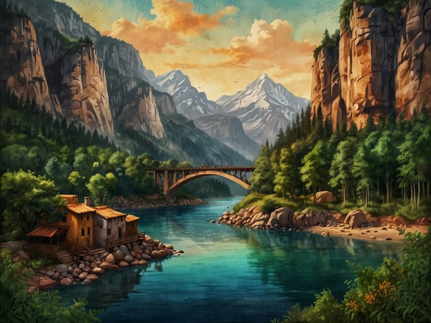 Auf dem Bild ist eine malerische Landschaft zu sehen, die von majestätischen Bergen umgeben ist. Ein klarer Fluss fließt durch die Szenerie, neben dem eine kleine, charmante Hütte steht. Eine Brücke überspannt den Fluss und verbindet die beiden Ufer, während sich dichte Wälder und Felsen im Hintergrund erstrecken.**Reisetipps für Entdecker:**1. **Naturerkundung:** Nutze Wanderwege in der Nähe, um die beeindruckende Landschaft zu erkunden. Achte auf die Tier- und Pflanzenwelt und bringe ein Fernglas mit, um Vögel zu beobachten.2. **Fotografie:** Halte deine Kamera bereit, um die atemberaubenden Sonnenuntergänge oder die Spiegelungen im Wasser festzuhalten. Die goldenen Stunden des Morgens und Abends sind perfekt zum Fotografieren.3. **Wasseraktivitäten:** Wenn möglich, miet eine kleine Kajak oder Kanus, um den Fluss aus einer neuen Perspektive zu erleben. Das sanfte Plätschern des Wassers wird dir ein Gefühl der Ruhe geben.4. **Picknick:** Packe einen Picknickkorb mit lokalen Köstlichkeiten und genieße dein Mahl am Ufer des Flusses, während du die Natur um dich herum in vollen Zügen erlebst.5. **Kultur und Geschichte:** Informiere dich über die Geschichte der Region und die Menschen, die dort leben. Finde heraus, ob es lokale Feste oder Märkte gibt, die du besuchen kannst.Viel Spaß beim Entdecken!