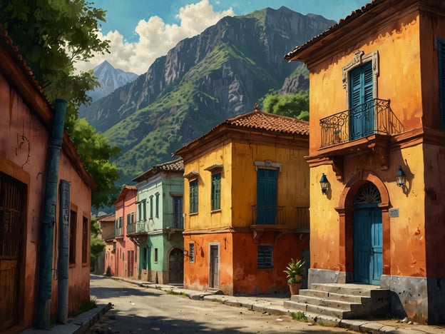 Auf dem Bild sieht man eine malerische Straßenszene, die das besondere Flair von Zaruma einfängt. Die Architektur ist geprägt von bunten colonialen Häusern, die sich harmonisch in die Umgebung einfügen. Die Fassaden sind in warmen Farben gehalten, mit Fenstern und Balkonen, die den charakteristischen Stil der Region widerspiegeln.Im Hintergrund erheben sich majestätische Berge, die der Szenerie eine beeindruckende Kulisse verleihen. Die Straßen sind schmal und scheinen von Geschichte und Tradition durchtränkt zu sein, während das Licht und die Schatten ein einladendes Ambiente schaffen. Die Pflanzen und Details wie die laternenartigen Leuchten ergänzen das Gesamtbild und unterstreichen das charmante Ambiente dieser einzigartigen Stadt.