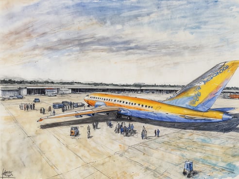 Eine farbenfrohe Illustration eines neuen Flughafens in Koh Kong zeigt ein Passagierflugzeug mit einem markanten orange-blauen Design, das auf dem Rollfeld steht. Im Vordergrund sind mehrere Personen zu sehen, die sich in einer kleinen Gruppe versammeln. Im Hintergrund sind Terminalgebäude sowie weitere Flugzeuge und Bodenfahrzeuge zu erkennen. Der Himmel ist hell mit sanften Wolken, was eine einladende Atmosphäre schafft.