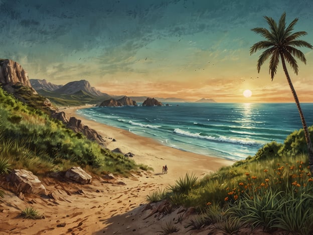 Auf dem Bild ist eine malerische Küstenlandschaft zu sehen. Der Sonnenuntergang färbt den Himmel in warmen Farben und reflektiert sich im Wasser. Am Strand sieht man sanfte Wellen, die sanft an die Küste plätschern.Beliebte Aktivitäten an einem solchen Ort könnten das Strandspazieren, Baden im Meer oder das Fotografieren des Sonnenuntergangs sein. Außerdem könnte man hier Wassersportarten wie Surfen oder Schnorcheln ausüben. In der Umgebung gibt es möglicherweise Wanderwege, die die Besucher zu bezaubernden Aussichtspunkten führen und ein tolles Panorama bieten. Die Palmen und die Blumen am Strand verleihen der Szenerie ein tropisches Flair.
