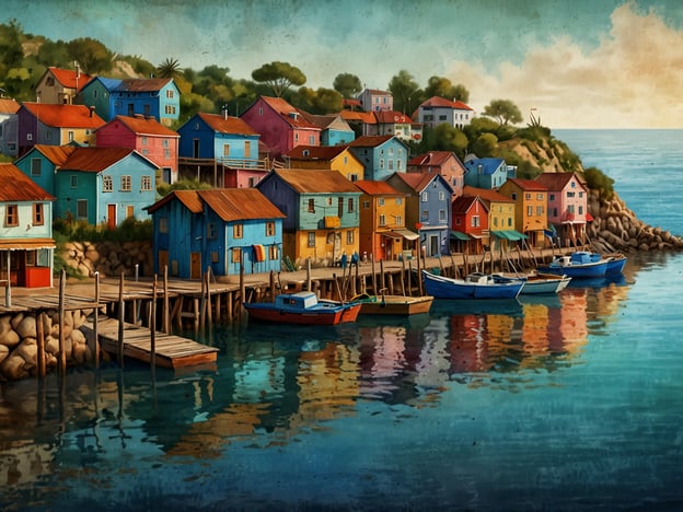 Auf dem Bild ist eine malerische Küstenszene zu sehen, die von bunten Häusern geprägt ist, die an einem Hang stehen. Vor den Häusern befinden sich Boote am Wasser und ein Hafen. Diese Darstellung erinnert an die traditionellen Viertel in Küstenstädten, wo lebendige Farben und maritimes Flair miteinander verschmelzen.Die heutige Bedeutung von "Las Peñas" steht oft für lebendige und kulturell reiche Gemeinschaften, die Geschichte und Tradition mit modernen Einflüssen verbinden. Solche Orte sind bekannt für ihre künstlerische Atmosphäre, wobei die Architektur und das Lebensgefühl der Bewohner eine zentrale Rolle spielen.