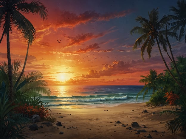 Auf dem Bild ist eine idyllische tropische Küstenlandschaft zu sehen. Der Sonnenuntergang taucht den Himmel in warmen Farbtönen von Orange und Rot. Sanfte Wellen rollen an den Strand, der von Palmen und üppigem Grün gesäumt wird. Einige Felsen liegen verstreut am goldenen Sand, während im Hintergrund der Ozean weiter in die Ferne glitzert. Vögel gleiten durch die Luft, was der Szene eine friedliche Atmosphäre verleiht. Es ist ein wunderschönes Beispiel für die natürliche Schönheit tropischer Küstenregionen.
