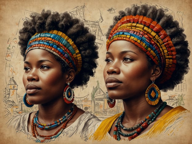 Auf dem Bild sind zwei Frauen mit traditioneller afrikanischer Kleidung und Schmuck zu sehen, die stark an die Kultur und Traditionen der afro-ecuadorianischen Gemeinschaft in Esmeraldas erinnern. Diese Region ist geprägt von lebendigen Festen und Traditionen, die die afrikanische Identität und das Erbe feiern.Ein bedeutendes Fest in Esmeraldas ist das „Festival de la Diablada“, das die afrikanische, indigene und spanische Kultur vereint und mit farbenfrohen Karnevalsumzügen sowie traditionellen Tänzen gefeiert wird. Die Frauen auf dem Bild könnten Teil eines solchen Festes sein, wobei ihre eleganten Frisuren und der ausgefallene Schmuck die wichtige Rolle der Frauen in diesen Feierlichkeiten widerspiegeln.Ein weiteres wichtiges Ereignis ist die „Fiesta de San Francisco“, die mit Musik, Tänzen und gastronomischen Köstlichkeiten gefeiert wird und tief in der afro-ecuadorianischen Tradition verwurzelt ist. Solche Feste sind Gelegenheiten, die kulturellen Wurzeln zu feiern, Gemeinschaft und Identität zu stärken und die Bedeutung von Traditionen in der modernen Gesellschaft zu bewahren.