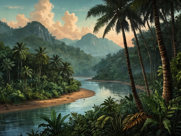 Auf dem Bild ist eine malerische Landschaft entlang des Napo Flusses zu sehen, die durch dichte tropische Vegetation und hohe Palmen geprägt ist. Die Szene strahlt eine ruhige, natürliche Schönheit aus, mit Bergen im Hintergrund und einem sanft fließenden Fluss.Diese Region ist bekannt für ihre hohe ökologische Vielfalt, die viele Tier- und Pflanzenarten beherbergt. Der Napo Fluss und seine Ufer sind Lebensraum für zahlreiche Arten, darunter Fische, Vögel und Säugetiere, die alle zur komplexen Ökologie des Amazonas beitragen. Außerdem spielen die Pflanzen eine wichtige Rolle im Ökosystem, indem sie Sauerstoff produzieren und den Lebensraum für viele Tiere bieten. Die Erhaltung dieser Vielfalt ist essenziell für das Gleichgewicht des gesamten Ökosystems.