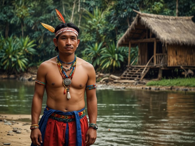 Auf dem Bild ist ein Mann zu sehen, der traditionelle Kleidung und Schmuck trägt. Er steht am Ufer eines Flusses, umgeben von üppiger Vegetation, und hinter ihm befindet sich eine typische Hütte aus Holz und Palmenblättern, die in den indigenen Kulturen rund um den Napo Fluss verbreitet ist.Die indigenen Völker dieser Region, wie die Kichwa und andere Gruppen, pflegen eine enge Verbindung zu ihrer natürlichen Umgebung. Sie leben oft in Gemeinschaften, die in Hütten aus natürlichen Materialien gebaut sind und sich an den Flussufern befinden. Traditioneller Schmuck und Kleidungsstücke sind häufig Ausdruck ihrer kulturellen Identität und spiegeln die Traditionen und das Erbe wider. Der Napo Fluss spielt zudem eine zentrale Rolle in ihrem täglichen Leben, da er eine wichtige Wasserquelle und Transportweg darstellt.