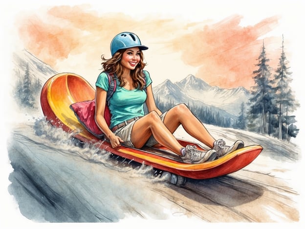 Auf dem Bild ist eine Frau zu sehen, die auf einer Art sommerlicher Rodelbahn fährt. Sie sitzt auf einer bunten Rodel, trägt einen Helm und hat Spaß beim Rutschen.Eine Sommerrodelbahn ist eine Freizeitattraktion, bei der Besucher auf speziellen Rodeln befestigte Schienen hinabfahren. Diese Bahnen sind oft in malerischen Landschaften angelegt und bieten ein aufregendes Erlebnis, besonders im Sommer. Sie sind meist von Natur umgeben und garantieren Spaß für die ganze Familie.