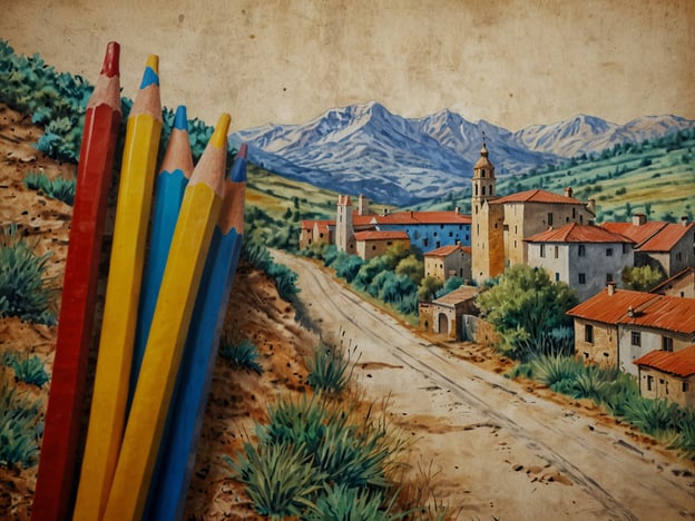 Auf dem Bild sind farbige Buntstifte zu sehen, die im Vordergrund liegen, während im Hintergrund eine malerische Landschaft mit einem kleinen Dorf, Bergen und einer schmalen Straße zu entdecken ist. Die Gebäude im Dorf sind traditionell und haben rote Dächer, umgeben von grünen Wiesen.Entdecke die Schönheit von Penipe – diese eindrucksvolle Kulisse lädt dazu ein, die Natur und Architektur zu erleben und die Farben des Lebens zu genießen.