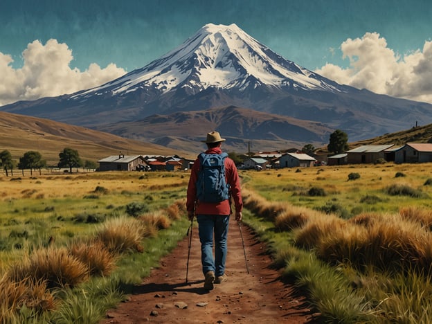 Auf dem Bild ist ein Wanderer zu sehen, der auf einem Pfad durch eine grüne Landschaft mit dem schneebedeckten Vulkan Chimborazo im Hintergrund geht. Diese Szenerie erinnert an Aktivitäten in Penipe, einem beliebten Ziel für Natur- und Wanderliebhaber.In Penipe kann man atemberaubende Wanderungen unternehmen, die sowohl die lokale Flora als auch Fauna präsentieren. Beliebt sind Trekkingtouren zu den umliegenden Vulkanen, wie dem Chimborazo, wo man atemberaubende Ausblicke genießen kann. Außerdem bietet die Region Möglichkeiten für kulturelle Erlebnisse, wie den Besuch traditioneller Märkte oder das Kennenlernen der lokalen Küche und Bräuche.Diese Aktivitäten ermöglichen es, die natürliche Schönheit und das reiche kulturelle Erbe der Gegend zu entdecken.