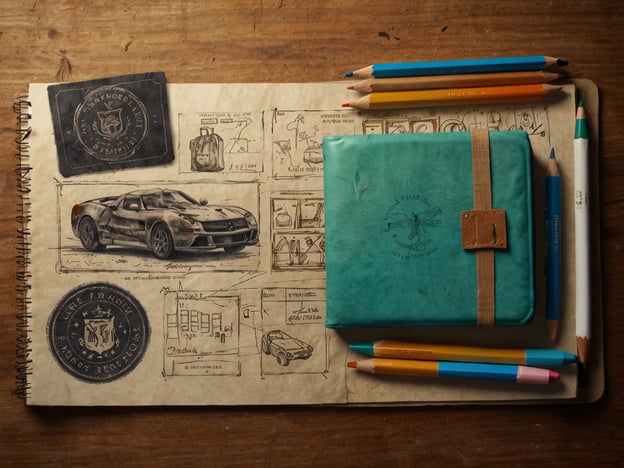 Auf dem Bild sind verschiedene Skizzen und Notizen zu sehen, die offenbar im Zusammenhang mit einem Fahrzeug, vielleicht einem Auto, stehen. Es gibt eine Zeichnung eines sportlichen Autos (möglicherweise ein Mercedes), einige technische Zeichnungen und eine Art Logo oder Emblem. Zudem liegen farbige Buntstifte und ein grünes Notizbuch auf einem Holzuntergrund.**Praktische Tipps für deinen Besuch:**1. **Vorbereitung**: Wenn du zum Zeichnen oder Skizzieren gehst, bringe deine eigenen Materialien mit, um sicherzustellen, dass du alles hast, was du brauchst.2. **Inspiration suchen**: Schau dir das Auto oder die Umgebung genau an und lass dich von den Details inspirieren. Fotografiere interessante Aspekte, die du später skizzieren möchtest.3. **Notizen machen**: Halte deine Ideen und Eindrücke immer fest, um deine Kreativität zu fördern und deine Skizzen zu verfeinern.4. **Gemütliche Atmosphäre**: Finde einen ruhigen Platz, wo du ungestört arbeiten kannst — vielleicht in einem Café oder einem Park.5. **Zusammenarbeiten**: Wenn möglich, suche den Austausch mit anderen Kreativen. Das kann für neue Ideen und Techniken inspirierend sein.