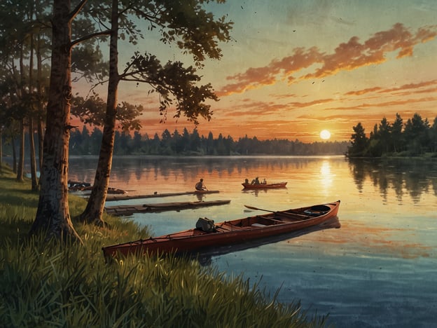 Auf dem Bild sieht man einen malerischen See, der von Bäumen gesäumt ist, während die Sonne gerade untergeht. Die ruhige Wasseroberfläche spiegelt die orangefarbenen und blauen Farben des Himmels wider.In der Szene sind mehrere Aktivitäten am See zu beobachten:1. **Kajakfahren:** Personen sitzen in kleinen Kajaks und paddeln gemütlich im Wasser, was eine entspannende Möglichkeit ist, die Natur zu genießen.2. **Petriheil:** In der Nähe sieht man vielleicht jemanden, der angelt oder einfach nur die Ruhe der Natur genießt.3. **Entspannung am Ufer:** Am Ufer gibt es eine grüne Wiese, wo Menschen vielleicht Picknicks machen oder einfach die Aussicht bewundern.Diese friedliche Atmosphäre lädt dazu ein, die Natur zu genießen und sich mit Freunden oder Familie zu treffen.