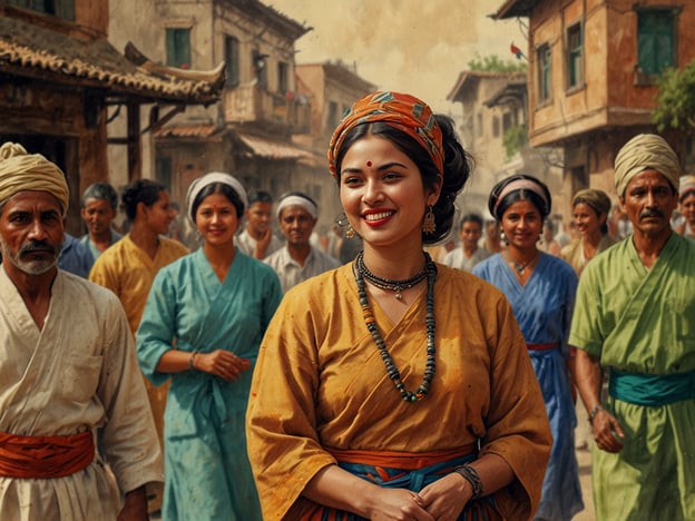 Auf dem Bild ist eine Gruppe von Menschen in einer historischen, traditionell anmutenden Umgebung zu sehen. Eine junge Frau steht im Vordergrund, die in einem leuchtenden, farbenfrohen Gewand gekleidet ist. Ihr Lächeln und die traditionellen Schmuckstücke, die sie trägt, spiegeln eine positive und freundliche Atmosphäre wider.Die Kleidung der Personen ist typisch für viele asiatische Kulturen, vielleicht inspiriert von indischen oder südostasiatischen Traditionen. Die Farben und Stile der Gewänder können auf lokale Bräuche hinweisen, bei denen Kleidung oft eine wichtige Rolle in Festen, Zeremonien oder dem täglichen Leben spielt.Die Umgebung, mit alten Bauwerken und einer lebhaften Menschenmenge, erinnert an traditionelle Märkte oder Feste, wo Gemeinschaft und Kultur stark ausgeprägt sind. Solche Szenen sind oft Orte des Zusammentreffens und des Austauschs, was die sozialen Bindungen in der Gemeinschaft stärkt.Zusammenfassend spiegelt das Bild eine reiche kulturelle Identität wider, die durch Mode, Gemeinschaft und die Freude am Leben geprägt ist.