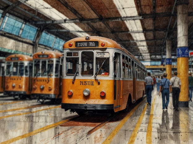Auf dem Bild ist ein Straßenbahnsteigen zu sehen, wahrscheinlich in einer größeren Stadt. Die gelben Straßenbahnen stehen bereit, während Passanten sich durch die Halle bewegen.**Anreise:**Um zu diesem Ort zu gelangen, nutzen Besucher am besten öffentliche Verkehrsmittel wie U-Bahnen oder Busse, da diese oft in der Nähe von Straßenbahnlinien halten. Falls Sie mit dem Auto anreisen, informieren Sie sich über die Parkmöglichkeiten in der Nähe, da städtische Bereiche oft regulierte Parkzonen haben.**Praktische Tipps für Besucher:**1. **Fahrkarten:** Achten Sie darauf, ein gültiges Ticket zu kaufen, bevor Sie die Straßenbahn betreten. Automaten sind häufig in der Nähe der Haltestellen.2. **Fahrpläne:** Überprüfen Sie die Fahrpläne im Voraus, um die Wartezeiten zu minimieren. Oft gibt es Apps oder Websites, die aktuelle Abfahrtszeiten anzeigen.3. **Sicherheit:** Halten Sie Ihre Wertsachen im Blick, insbesondere in belebten Bereichen.4. **Barrierefreiheit:** viele moderne Straßenbahnen sind barrierefrei, informieren Sie sich, falls das für Sie wichtig ist.Genießen Sie Ihre Reise und den einzigartigen Charme der Straßenbahnfahrt!