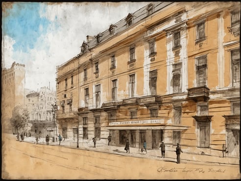 Das Bild zeigt die beeindruckende Fassade des Brown's Hotel in Mayfair, umgeben von einer malerischen Stadtszene. Die Architektur des Hotels ist prägnant mit einem warmen Gelbton, der durch die hellen Fenster und dekorativen Details hervorgehoben wird. Auf dem Weg vor dem Hotel sind mehrere Personen zu sehen, die vorbeigehen. Im Hintergrund sind weitere Gebäude und Bäume sichtbar, unter einem klaren blauen Himmel. Die Darstellung vermittelt den eleganten Charakter und die historische Bedeutung des Ortes.