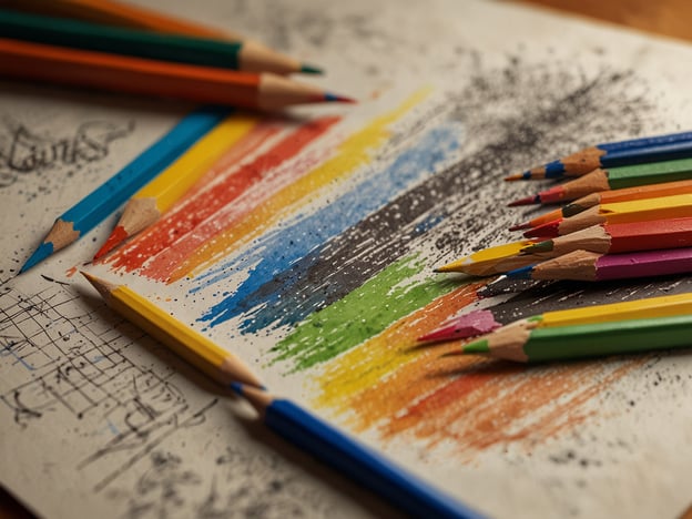 Auf dem Bild sieht man eine bunte Ansammlung von Buntstiften, die auf einem Blatt Papier liegen. Die Farben strahlen in lebendigen Tönen – von Blau über Gelb, Orange, Rot bis hin zu Grün und Rosa – und verleihen dem Bild eine fröhliche Atmosphäre. Die Stifte sind kreativ angeordnet, während auf dem Blatt verschiedene Farbstreifen in kreativen Mustern verteilt sind.Man kann sich die angenehme Haptik der Stifte vorstellen, wie sie in der Hand liegen und die Möglichkeit bieten, die eigene Fantasie zum Leben zu erwecken. Der Geruch von neuem Holz und Farbe könnte die Sinne anregen, während der Anblick der lebhaften Farben dazu einlädt, in eine künstlerische Welt einzutauchen. Der visuelle Genuss dieser Szene schafft eine inspirierende und einladende Stimmung, die zum Zeichnen und Ausdrücken der eigenen Kreativität einlädt.