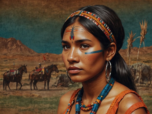 Auf dem Bild ist eine Frau zu sehen, die in traditioneller Kleidung der Ureinwohner dargestellt ist. Ihre Gesichtsbemalung und die verwendeten Schmuckstücke deuten auf kulturelle Praktiken hin, die oft eine tiefere spirituelle Bedeutung haben.Traditionell spielen Ureinwohner eine wichtige Rolle in der Bewahrung ihres kulturellen Erbes und ihrer Identität. Die Nutzung natürlicher Materialien für Kleidung, Schmuck und andere Gegenstände ist ein zentraler Bestandteil ihrer Lebensweise, die auf Respekt gegenüber der Natur und den Vorfahren basiert. Diese Darstellung könnte die enge Verbindung der Ureinwohner zu ihrem Land und ihren Traditionen symbolisieren.