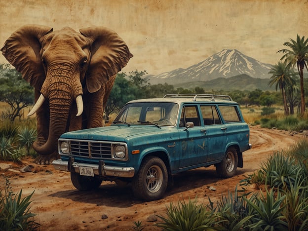 Auf dem Bild ist ein blauer Geländewagen zu sehen, der auf einem staubigen Weg in einer afrikanischen Savanne steht. Direkt neben dem Auto befindet sich ein großer Elefant, der majestätisch in der Landschaft thront. Im Hintergrund erhebt sich ein schneebedeckter Vulkan, umgeben von üppiger Vegetation.Diese Szenerie kann als Symbol für die Herausforderungen interpretiert werden, denen die Wildtiere in ihrer natürlichen Umgebung gegenüberstehen, insbesondere im Kontext von Ökologie und Klimawandel. Die Zerstörung von Lebensräumen durch menschliche Aktivitäten, wie etwa den Bau von Straßen und Siedlungen, gefährdet die Artenvielfalt. Der Elefant, als wichtiges Element des Ökosystems, spielt eine wesentliche Rolle in der Aufrechterhaltung des Gleichgewichts der Savanne.Klimawandel-gestützte Veränderungen des Wetters, wie Dürren und Veränderungen der Vegetation, können ebenfalls die Lebensbedingungen für solche Tiere verschlechtern. Diese Herausforderungen erfordern dringende Maßnahmen zum Schutz der Ökosysteme und zur Förderung von nachhaltigen Praktiken, um künftige Generationen von Tieren und Pflanzen zu erhalten.