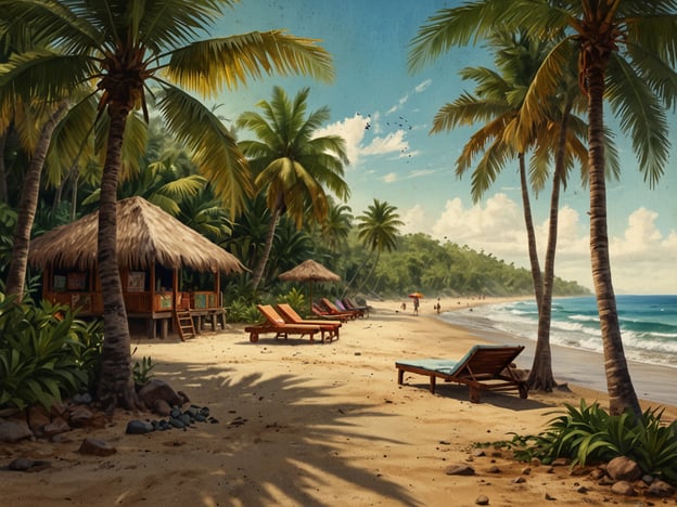 Auf dem Bild ist eine idyllische Strandlandschaft mit Palmen, Liegestühlen und kleinen Hütten zu sehen, die zu einer entspannten Atmosphäre einladen. Rund um Atacames gibt es viele schöne Ausflugsziele, die man besuchen kann:1. **Atacames Strand**: Ein bekannter und belebter Strand, ideal zum Schwimmen und Entspannen.2. **Same Beach**: Ein ruhigerer Strand, perfekt für einen entspannenden Tag in der Sonne.3. **Punta Zorritos**: Berühmt für seine unberührte Natur und seine beeindruckenden Sonnenuntergänge.4. **Esmeraldas**: Eine charmante Stadt in der Nähe, bekannt für ihre afro-ecuadorianische Kultur und Gastronomie.5. **La Isla de los Tres Golpes**: Ein kleines Paradies, ideal zum Schnorcheln und für Bootsausflüge.Diese Orte bieten eine Vielzahl von Aktivitäten und Möglichkeiten, die Schönheit der Küste und die Kultur Ecuadors zu genießen.