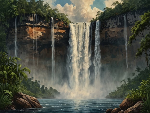 Auf dem Bild sind die beeindruckenden Kaieteur-Wasserfälle zu sehen, die in Guyana liegen. Diese Wasserfälle zählen zu den höchsten der Welt und sind ein bemerkenswertes Naturphänomen.In der Geschichte und Mythologie der Kaieteur-Wasserfälle gibt es verschiedene Erzählungen. Eine weit verbreitete Legende erzählt von einem alten Krieger, der einen Mutproben bestanden hat, indem er über die Wasserfälle sprang, um seine Liebste zu gewinnen. Die Wasserfälle sind auch mit den Geschichten der indigenen Völker verbunden, die glauben, dass die Geister ihrer Vorfahren in den Wasserfällen wohnen.Darüber hinaus sind die Kaieteur-Wasserfälle ein Symbol für die unberührte Natur und die Biodiversität der Region, die das Erbe und die Folklore der indigenen Kulturen widerspiegelt. Die majestätische Erscheinung des Wassers, das über die Felsen stürzt, wird oft als göttliches Geschenk angesehen und zieht Touristen aus der ganzen Welt an.
