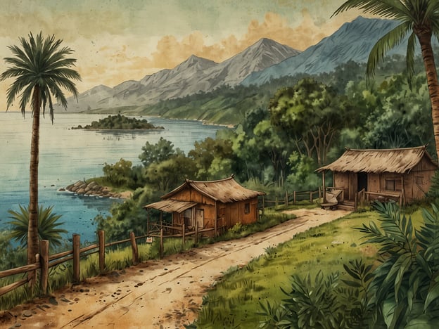 Auf dem Bild ist eine malerische Küstenlandschaft zu sehen, umgeben von Bergen und üppiger Vegetation. Es gibt einige einfache Hütten, die aus natürlichen Materialien gebaut sind, was auf einen nachhaltigen Lebensstil hinweist.In Bezug auf Ökotourismus könnte diese Umgebung als Ziel für umweltbewusste Reisende dienen, die die Schönheit der Natur genießen und gleichzeitig die lokale Kultur kennenlernen möchten. Schutzmaßnahmen in der Region könnten beinhalten, dass touristische Aktivitäten umweltfreundlich gestaltet werden, um die natürliche Tier- und Pflanzenwelt zu bewahren. Ein sanfter Umgang mit den Ressourcen und die Einbindung der lokalen Gemeinschaft in den Tourismus können dazu beitragen, dass die Region auch für zukünftige Generationen erhalten bleibt.