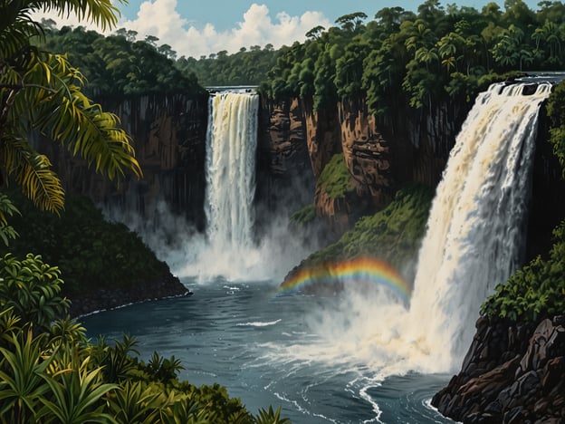 Auf dem Bild sind zwei beeindruckende Wasserfälle zu sehen, umgeben von üppigem, grünem Dschungel. In der Mitte des Bildes entsteht ein Regenbogen durch die Gischt des Wassers, was die Schönheit der Natur unterstreicht.**Tipps für Reisende zu den Kaieteur-Wasserfällen:**1. **Beste Reisezeit:** Die beste Zeit für einen Besuch ist normalerweise in der Trockenzeit von September bis April, wenn die Wasserstände niedriger sind und die Sicht oft besser ist.2. **Anreise:** Die Wasserfälle sind nur per Flugzeug oder Boot zu erreichen. Minusflug von Georgetown oder eine Bootsfahrt auf dem Essequibo-Fluss bieten atemberaubende Ausblicke.3. **Trekking:** Es gibt Wanderwege in der Umgebung, die spannende Möglichkeiten bieten, die Flora und Fauna zu entdecken.4. **Ausrüstung:** Bring unbedingt gute Wanderschuhe und Regenschutz mit, da das Wetter schnell umschlagen kann.5. **Sicherheit:** Halte Abstand vom Rand der Wasserfälle, um sicher zu bleiben, und informiere dich über geführte Touren.Ein Besuch der Kaieteur-Wasserfälle ist ein unvergessliches Erlebnis, das die majestätische Natur Guyanas zeigt!