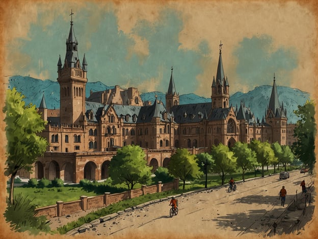 Auf dem Bild ist eine beeindruckende, historisch anmutende Architektur mit Türmen und verwinkelten Dächern zu sehen. Es scheint eine Art großes Gebäude oder eine Institution zu sein, umgeben von Bäumen und einer Straße, auf der Menschen mit Fahrrädern fahren. Die Szenerie vermittelt eine friedliche und malerische Atmosphäre.In Zukunft Georgetown könnten solche architektonischen Meisterwerke Herausforderungen und Chancen darstellen: Einerseits könnte der Erhalt und die Renovierung solcher Gebäude kostspielig sein und viel Planung erfordern. Andererseits bieten sie die Möglichkeit, kulturelles Erbe und Gemeinschaftsidentität zu bewahren, während gleichzeitig Platz für moderne Entwicklungen und Innovationen geschaffen wird. Entscheidungen über die Nutzung und den Schutz solcher Gebäude könnten entscheidend für die soziale und wirtschaftliche Entwicklung der Region sein.