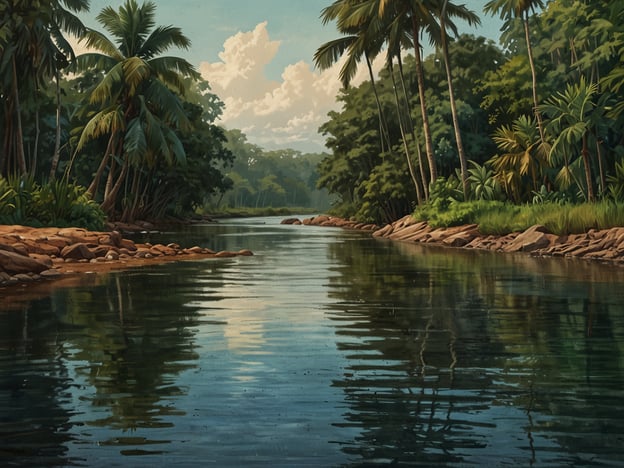 Auf dem Bild ist eine friedliche, natürliche Landschaft zu sehen, die einen ruhigen Fluss darstellt, umgeben von üppiger Vegetation und Palmen. Diese Szenerie könnte den Essequibo Fluss in Guyana symbolisieren, der nicht nur der längste Fluss des Landes ist, sondern auch eine große kulturelle und wirtschaftliche Bedeutung hat.Der Essequibo Fluss ist eine wichtige Wasserstraße, die die Region durchzieht und von historischen und ökologischen Werten geprägt ist. Er spielt eine zentrale Rolle im lokalen Ökosystem und ist Lebensraum für viele Tier- und Pflanzenarten. Zudem ist der Fluss eine wichtige Ressource für die Bevölkerung in der Umgebung, die auf seine Wasserressourcen und die Fischerei angewiesen ist.