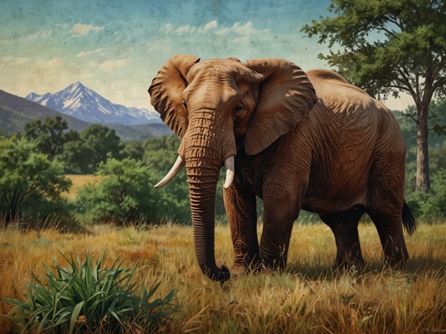Auf dem Bild ist ein majestätischer Elefant zu sehen, der durch eine weite, grüne Landschaft wandert. Umgeben von sanften Hügeln und im Hintergrund einer beeindruckenden Bergkette, spiegelt sich die Schönheit der Natur in diesem friedlichen Szenario wider.Die Erlebnisse, die ein solches Bild hervorruft, sind geprägt von der Erhabenheit der Tierwelt und den vielfältigen Farben und Texturen der Umgebung. Es lädt dazu ein, über die Verbindung zwischen Mensch und Natur nachzudenken und die ruhige Präsenz des Elefanten inmitten seiner natürlichen Lebensräume zu schätzen.