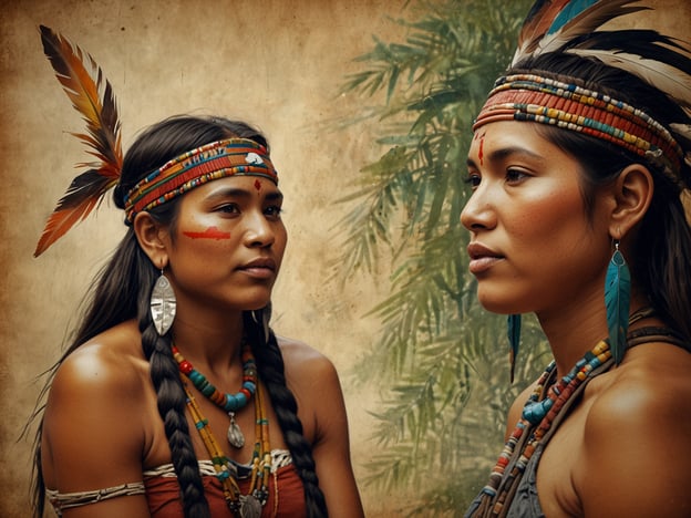 Auf dem Bild sind zwei Frauen zu sehen, die traditionelle indigenen Kleidung und Schmuck tragen. Sie haben zierte Haare mit Federn und Farbmarkierungen im Gesicht. Die Verwendung von Naturmaterialien, wie Schmuck aus Perlen und Federn, ist in vielen indigenen Kulturen weit verbreitet.Die Farben und Muster, die auf dem Gesicht und am Körper getragen werden, können spezifische kulturelle Bedeutungen haben und oft mit Ritualen oder Identität in Verbindung stehen. Obsidian- oder Silberohrringe, wie sie die Frauen tragen, sind ebenfalls typisches Handwerk vieler indigenen Völker und zeugen von ihrem Kunsthandwerk und ihrer Verbindung zur Natur. Dieses Bild spiegelt also den Reichtum und die Vielfalt indigener Kulturen wider.