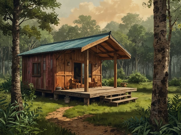 Auf dem Bild ist eine idyllische Eco-Lodge zu sehen, die von einer üppigen, grünen Landschaft umgeben ist. Diese Holzstruktur integriert sich harmonisch in die Natur und symbolisiert Nachhaltigkeit und Umweltschutz.Die Verwendung von natürlichen Materialien und die einladende Atmosphäre fördern ein umweltbewusstes Erlebnis für Gäste. Solche Lodges setzen oft auf energieeffiziente Konzepte, wie Solarenergie und Regenwassernutzung, um ihren ökologischen Fußabdruck zu minimieren. Ebenso bieten sie häufig lokale Produkte und nachhaltige Aktivitäten an, die den Gästen helfen, die Natur zu schätzen und zu schützen. Dieses Konzept unterstützt die Erhaltung des Ökosystems und ermöglicht es Besuchern, die Natur in ihrer reinsten Form zu erleben.