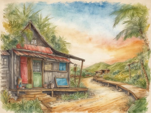 Eine charmante Holzhütte mit bunten Türen steht am Rand eines geschwungenen Weges, der durch eine grüne Landschaft führt. Palmen und üppige Pflanzen umgeben das Gebäude, während ein sanfter Sonnenuntergang den Himmel in warme Farben taucht. Der Weg ist teils mit Holzbohlen ausgelegt und führt weiter in die Umgebung. Der Gesamteindruck vermittelt eine Atmosphäre von Ruhe und Natürlichkeit, ideal für nachhaltiges Reisen.