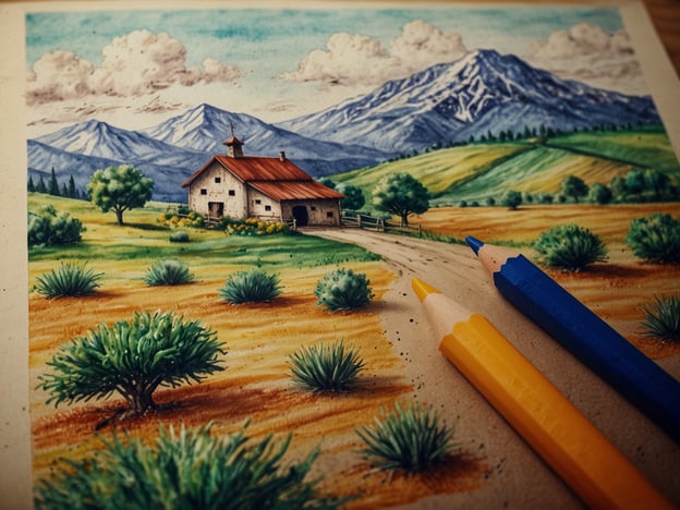 Auf dem Bild ist eine wunderschöne, malerische Landschaft mit einem kleinen Haus zu sehen, das von sanften Hügeln und majestätischen Bergen umgeben ist. Im Vordergrund liegen bunte Bleistifte, die bereit zum Zeichnen sind.Tipps für ein unvergessliches Erlebnis:1. **Schaffe eine Atmosphäre**: Nutze sanfte Musik oder Naturgeräusche, während du malst, um dich in die Szene einzutauchen.2. **Hol dir Inspiration**: Schaue dir Bilder von ähnlichen Landschaften an und lass dich von der Natur inspirieren, um deine eigenen Farben und Stile zu entwickeln.3. **Sei kreativ**: Experimentiere mit den unterschiedlichen Bleistiften und Techniken. Du könntest z.B. Schattierungen hinzufügen oder sogar eigene Elemente in die Landschaft integrieren.4. **Nimm dir Zeit**: Lass dich nicht hetzen. Genieße den Prozess und lasse Raum für spontane Ideen und Veränderungen.5. **Teile dein Erlebnis**: Fotografiere deine Ergebnisse und teile sie mit Freunden oder in sozialen Medien. So kannst du dein kreatives Erlebnis mit anderen teilen und wertvolles Feedback erhalten.Viel Spaß beim Malen!