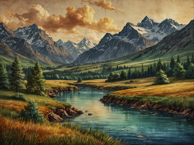 Auf dem Bild ist eine malerische Landschaft zu sehen, die von majestätischen Bergen und einem ruhigen Fluss geprägt ist. Ehemalige Wanderer würden wahrscheinlich die friedliche Atmosphäre und die beeindruckenden Berge loben, die mit Schnee bedeckt sind.Ein Wanderer könnte von der klaren Luft und dem Gefühl der Freiheit berichten, das einen überkommt, wenn man in der Natur ist. Die sanften Wiesen und der glitzernde Fluss laden zum Verweilen ein und bieten einen perfekten Platz für ein Picknick oder eine kleine Auszeit.Die dichten Wälder an den Ufern des Flusses könnten Erinnerungen an Vogelgesang und das Rascheln der Blätter wecken. Solche Landschaften vermitteln oft eine tiefe Verbundenheit zur Natur und sind ein beliebter Rückzugsort für Abenteuerlustige und Ruheuchende.