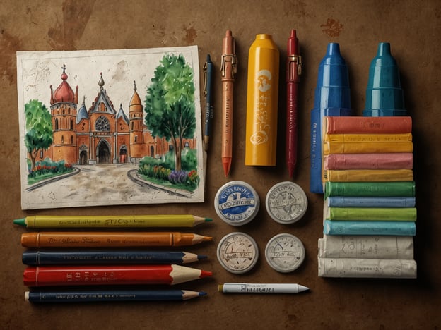 Auf dem Bild ist eine Anordnung von künstlerischen Materialien zu sehen, darunter verschiedene Buntstifte, Marker und Aquarellfarben, sowie eine handgezeichnete Zeichnung eines Gebäudes mit türmchen und Bäumen im Vordergrund.### Praktische Tipps für deinen Besuch:1. **Material mitbringen**: Wenn du selbst zeichnen möchtest, bringe deine eigenen Stifte und Papier mit.2. **Inspiration suchen**: Lass dich von der Umgebung inspirieren und suche nach interessanten Motiven.3. **Licht beachten**: Achte auf das Licht, um die besten Farben und Schattierungen einzufangen.4. **Zeit nehmen**: Nimm dir ausreichend Zeit, um in Ruhe zu arbeiten und die Details zu erfassen.5. **Kreativ sein**: Experimentiere mit verschiedenen Stilen und Techniken, um deinen eigenen Ausdruck zu finden.