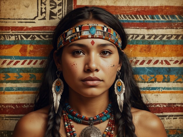 Auf dem Bild ist eine junge Frau zu sehen, die traditionelle Kleidung und Schmuck trägt, die an indigene Kulturen Nordamerikas erinnert. Ihr Outfit und die verwendeten Materialien spiegeln die reiche Geschichte und die kulturellen Praktiken vieler indigener Völker wider.Die Muster im Hintergrund und die Verwendung von artesanalen Elementen sind typisch für viele indigenen Gemeinschaften, die oft natürliche Ressourcen nutzen, um ihre Identität und Geschichten auszudrücken. Schmuck wie Ohrringe und Halsketten haben häufig eine symbolische Bedeutung, die mit der Verbindung zur Natur, zu Ahnen oder zu spirituellen Kräften verbunden ist.Viele indigene Kulturen erzählen Geschichten über die Beziehung zwischen Mensch und Natur, sowie von der Weisheit ihrer Vorfahren, die bis in die Gegenwart weitergegeben wird. Diese Geschichte des Miteinanders und des Respekts vor der Natur ist in der Kunst und den Traditionen dieser Gemeinschaften tief verwurzelt.