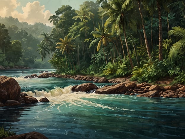 Auf dem Bild ist eine idyllische Flusslandschaft zu sehen, die von üppiger Vegetation und Palmen umgeben ist. Diese Umgebung erinnert an die Gegend rund um Bartica in Guyana, wo man zahlreiche Aktivitäten und Attraktionen genießen kann.In Bartica können Besucher Boots- und Kajaktouren auf dem Essequibo-Fluss unternehmen und die faszinierenden Wasserfälle in der Region entdecken. Außerdem bietet die Gegend hervorragende Möglichkeiten zum Angeln und Schwimmen. Wanderungen durch den dichten Dschungel sind ebenfalls beliebt, wo man die vielfältige Flora und Fauna bewundern kann.Für Naturliebhaber sind der Naturpark Kaieteur und die umliegenden Tropenwälder ein absolutes Muss, wo man beeindruckende Landschaften und eine Vielzahl von Tierarten erleben kann.