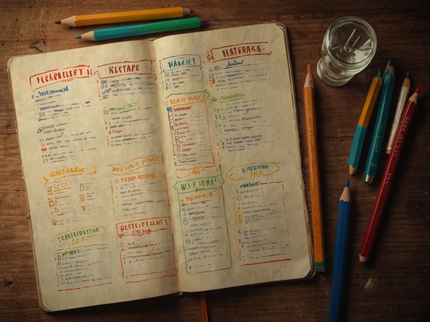 Auf dem Bild ist ein offenes Notizbuch zu sehen, das mit bunten Stiften beschrieben ist. Das Notizbuch enthält verschiedene Listen und Notizen, unter anderem zu Themen wie Empfehlungen, Restaurants und Aktivitäten. Neben dem Notizbuch liegen weitere Buntstifte und ein Glas.**Praktische Tipps für deinen Besuch:**1. **Notizen machen:** Nutze ein Notizbuch, um wichtige Informationen und persönliche Eindrücke festzuhalten.2. **Farben verwenden:** Bunte Stifte helfen dir, verschiedene Themen visuell zu trennen und übersichtlicher zu gestalten.3. **Empfehlungen checken:** Erstelle Listen mit Restaurants oder Aktivitäten und notiere dir die besten Empfehlungen.4. **Vorbereitung:** Bereite dein Notizbuch im Voraus vor, damit du während deines Besuchs alles griffbereit hast.5. **Entspannt bleiben:** Nimm dir Zeit, um alles in Ruhe zu genießen und die Eindrücke festzuhalten.