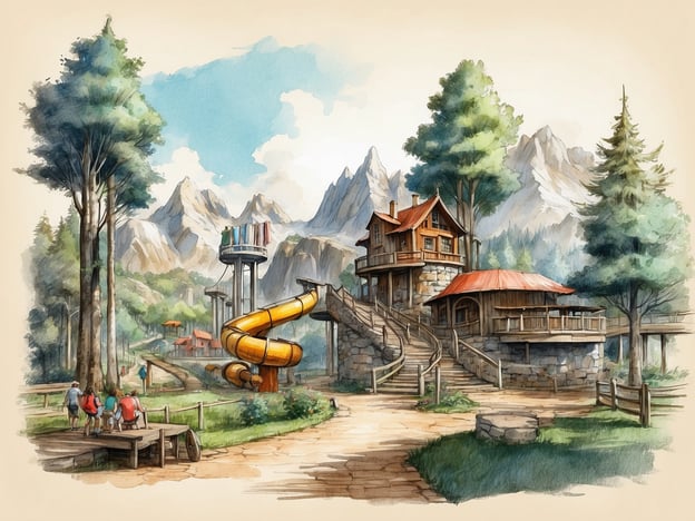 Auf dem Bild ist eine malerische Landschaft mit einem Freizeitpark zu sehen, der an eine klassische Berglandschaft erinnert. Im Vordergrund gibt es eine gelbe Rutsche und eine große Holzstruktur, die wie ein hölzernes Spielhaus aussieht. Die Umgebung ist von hohen Bäumen und majestätischen Bergen umgeben, was eine idyllische Atmosphäre schafft.Diese Szenerie erinnert an den Churpfalzpark Loifling, der einst als Ort der Erholung und des Abenteuers entstanden ist. Der Park bietet verschiedene Attraktionen und Naturerlebnisse und ist ein beliebter Ausflugsort für Familien. Die Gestaltung des Parks hat sich über die Jahre weiterentwickelt und kombiniert Tradition mit modernen Freizeitmöglichkeiten, ähnlich wie in der dargestellten Szene.
