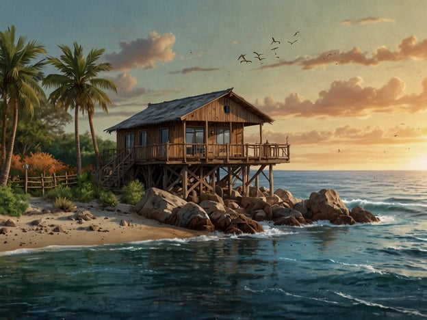 Auf dem Bild ist eine Holzunterkunft auf Stelzen am Strand von Shell Beach zu sehen, umgeben von Palmen und Felsen. Die Szenerie wirkt friedlich und einladend, besonders während des Sonnenuntergangs.In Bezug auf Nachhaltigkeit und Naturschutz könnte diese Umgebung ein Beispiel dafür sein, wie man natürliche Ressourcen respektvoll nutzt. Solche Unterkünfte könnten umweltfreundlich gestaltet sein, um die lokale Flora und Fauna zu schützen. Durch geeignete Maßnahmen im Bau und Betrieb kann der negative Einfluss auf die Umwelt minimiert werden. Veranstaltungen oder Initiativen zur Aufklärung über den Schutz der Küstenregionen und ihre Ökosysteme könnten ebenfalls gefördert werden, um das Bewusstsein für die Bedeutung des Naturschutzes in dieser wunderschönen Umgebung zu stärken.