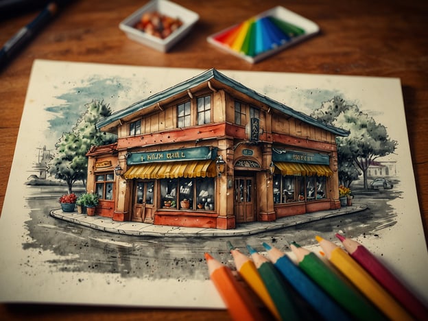 Auf dem Bild ist ein fantasievoll gestaltetes, gezeichnetes Gebäude zu sehen, das wie ein gemütliches Restaurant oder Café aussieht. Die Architektur hat einen einladenden Charakter, mit großen Fenstern, einer markanten Eingangstür und bunten Blumentöpfen, die die Atmosphäre auflockern. Die gelbe Markise verleiht dem Platz einen Hauch von Lokalvergnügen.Kulinarische und kulturelle Höhepunkte könnten hier die Vielfalt an Gerichten sein, die serviert werden, sowie die Möglichkeit, lokale Spezialitäten zu probieren. Die Umgebung, dargestellt mit Bäumen und einer ruhigen Straße, lässt auch Raum für ein kulturelles Erlebnis, vielleicht durch die Interaktion mit den Einheimischen oder durch besondere Events, die in diesem Restaurant stattfinden könnten.