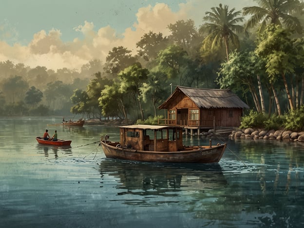 Auf dem Bild sieht man eine malerische Landschaft mit einem ruhigen Gewässer, umgeben von üppigem Grün und Palmen. Im Vordergrund sind zwei Boote zu sehen: ein kleines, rotes Boot mit zwei Anglern und ein größeres Boot, das näher an einer kleinen Holzhütte liegt. Diese Hütte wirkt einladend und idyllisch, ideal für einen entspannten Angelaufenthalt.Diese Szenerie könnte perfekt zur Rewa Lodge passen, die als ein Paradies für Sportangler gilt. Hier findet man nicht nur eine beeindruckende Natur, sondern auch ideale Bedingungen für Angelabenteuer in ruhiger Umgebung.