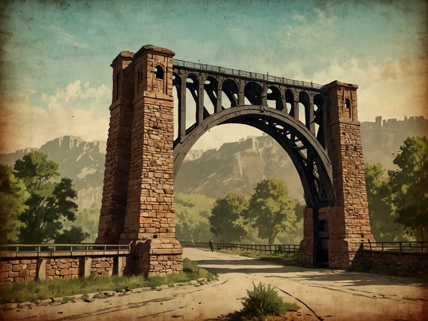 Auf dem Bild ist eine imposante Stein- und Stahlbrücke zu sehen, die sich elegant über einen Weg erhebt. Diese Brücke erinnert an die technischen Meisterwerke des 19. Jahrhunderts, als der Ausbau von Eisenbahn- und Straßeninfrastrukturen sowohl in Europa als auch in Nordamerika florierte.Der Bau vieler solcher Brücken begann oft als Antwort auf die wachsenden Bedürfnisse nach effizienteren Verkehrsanbindungen und verbesserter Mobilität. Die Kombination aus robustem Stein und ausgeklügeltem Eisenbau erinnerte an wichtige Ingenieurleistungen, wie die von Gustave Eiffel oder John A. Roebling, die mit ihren Konstruktionen neue Standards setzten.Die Brücke könnte Teil einer strategisch wichtigen Verkehrsader gewesen sein, die verschiedene Regionen miteinander verband und den Waren- sowie Personenverkehr erleichterte. Häufig wurden solche Bauwerke in landschaftlich reizvollen Gebieten errichtet, um sowohl praktische als auch ästhetische Werte zu vereinen.Die hat zur Entwicklung von Städten und dem industriellen Wachstum beigetragen und ist oft ein Symbol für Fortschritt und Innovation in der Ingenieurskunst. Es ist auch üblich, dass solche Brücken im Laufe der Zeit restauriert werden, um ihre historische Bedeutung zu bewahren und sie für zukünftige Generationen zugänglich zu machen.