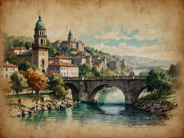 Auf dem Bild ist eine malerische Landschaft mit einer historischen Brücke zu sehen, die einen Fluss überspannt. Im Hintergrund erheben sich sanfte Hügel mit Gebäuden und Türmen, die vermutlich Teil einer Altstadt sind. Die Szenerie ist von einer herbstlichen Atmosphäre geprägt, mit Bäumen in warmen Farben.**Besichtigungstipps für Deinen Aufenthalt:**1. **Erkunde die Altstadt:** Besuche die engen Gassen und schau dir die charakteristischen Gebäude an. Die Architektur wird dich sicher begeistern.2. **Besuche den Aussichtspunkt:** Suche einen hohen Punkt in der Nähe, um einen wundervollen Blick über die Stadt und die Umgebung zu genießen, besonders bei Sonnenuntergang.3. **Genieße lokale Köstlichkeiten:** Probiere regionale Spezialitäten in einem der vielen kleinen Restaurants oder Cafés in der Umgebung.4. **Mache einen Spaziergang entlang des Flusses:** Nutze die Uferpromenade, um die Landschaft zu genießen und vielleicht ein paar Fotos zu machen.5. **Kulturelle Veranstaltungen:** Informiere dich über lokale Feste oder Veranstaltungen während deines Aufenthalts, um eine authentische Erfahrung zu machen.Viel Spaß bei deinem Besuch!