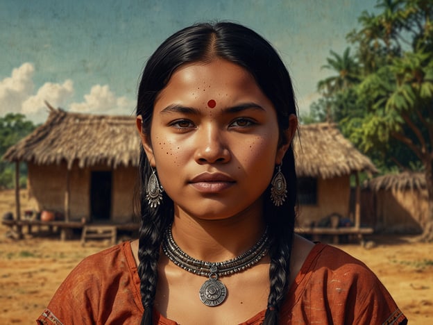 Auf dem Bild ist eine junge Frau zu sehen, die traditionelle Kleidung und Schmuck trägt. Die Kultur und Geschichte von Mabaruma, einer Stadt in Guyana, ist geprägt von den einheimischen Völkern und deren Traditionen. In dieser Region spielt Handwerkskunst eine wichtige Rolle, was sich in der Schmuckgestaltung widerspiegelt. Die Verwendung von Perlen und Metallen in den Ohrhängern und Halsketten kann auf die Bedeutung von Symbolik und Identität in der Gemeinschaft hinweisen.Die Umgebung zeigt einfache, traditionelle Hütten, die das ländliche Leben und die Verbindung zur Natur betonen. Mabaruma ist auch für seine kulturelle Vielfalt bekannt, da verschiedene ethnische Gruppen, darunter die indigenen Völker, einen großen Einfluss auf die Bräuche und Lebensweisen haben. Die dargestellte Person könnte somit ein Symbol für die reiche Kulturgeschichte dieser Region sein.