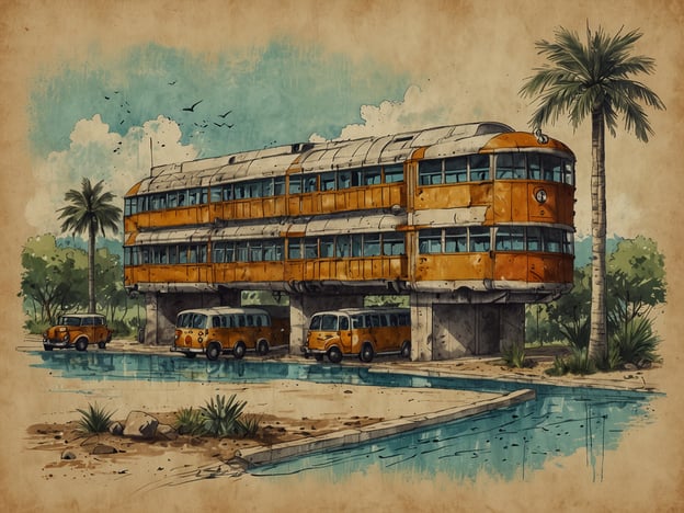 Auf dem Bild ist eine künstlerische Darstellung eines bunten, futuristischen Gebäudes zu sehen, das auf Säulen über einem Wasserlauf steht. Es ist mit großen Fenstern versehen und hat eine auffällige orange Farbe. Rund um das Gebäude befinden sich verschiedene Fahrzeuge, darunter Busse und kleine Autos, die ebenfalls in einem orangefarbenen Schema gehalten sind. Palmen und eine grüne, tropische Landschaft umrunden die Szene.Wenn Sie nach Mabaruma reisen möchten, einem kleinen Ort in Guyana, können Sie zunächst nach Georgetown fliegen, der Hauptstadt des Landes. Von dort aus geht es oft mit dem Boot oder dem Auto weiter. Eine beliebte Route führt durch die Landstraße nach Mabaruma, in der Regel dauert die Fahrt mehrere Stunden, abhängig von den Straßenbedingungen. Während der Reise können Sie die wunderschöne Natur und eventuell auch einige kleine Dörfer entlang des Weges genießen.