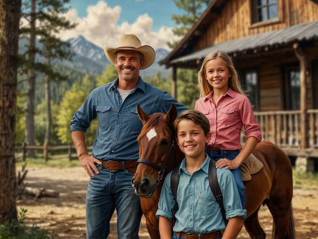 Auf dem Bild sind ein lächelnder Mann sowie zwei Kinder, die auf einem Pferd stehen. Im Hintergrund ist eine rustikale Holzhütte und eine schöne Naturlandschaft mit Bergen und Bäumen zu sehen.Besucher der Ranch können sich auf verschiedene freundliche Angebote freuen, wie:- **Reitausflüge in der Natur**: Genießen Sie die Umgebung während geführter Ausritte.- **Ponyreiten für Kinder**: Eine tolle Erfahrung für die Kleinen, um den Umgang mit Pferden zu lernen.- **Lagerfeuerabende**: Verbringen Sie gemütliche Abende mit Geschichten und Marshmallow-Rösten.- **Naturtouren**: Erleben Sie geführte Wanderungen durch die malerische Landschaft.- **Kurse zur Pferdepflege**: Lernen Sie, wie man sich richtig um Pferde kümmert.Diese Angebote versprechen ein unvergessliches Erlebnis für die ganze Familie!