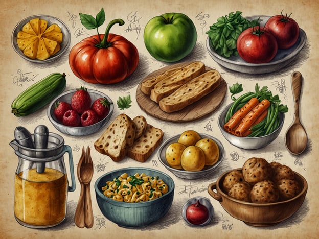 Auf dem Bild sind eine Vielzahl von kulinarischen Genüssen und lokalen Spezialitäten abgebildet. Man sieht frisches Gemüse wie eine große Tomate, eine Gurke, Karotten und grüne Bohnen, die typisch für viele regionale Küchen sind.Oben sind auch Früchte wie Äpfel und Erdbeeren zu finden, die in der Saison oft frisch auf Märkten angeboten werden. Brot und Brötchen könnten lokale Backwaren repräsentieren, die in vielen Kulturen eine zentrale Rolle spielen.Ein Gefäß mit einer Sauce oder einem Dressing sowie eine Schüssel mit Pasta deuten darauf hin, dass hier leckere Speisen zum Verfeinern und Ergänzen der Hauptgerichte bereitstehen. Die kleinen runden Bällchen könnten lokale Spezialitäten wie Köfte oder Krapfen darstellen. Diese Vielfalt zeigt eine schöne Kombination aus frischen Zutaten und traditionellen Rezepten, die in vielen europäischen Ländern sehr geschätzt werden.