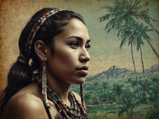Auf dem Bild ist eine Frau zu sehen, die traditionelle Schmuckstücke und eine Frisur trägt, die auf indigene kulturelle Einflüsse hinweisen. Hintergrund und Elemente deuten auf eine tropische Landschaft hin, die mit der Natur verbunden ist.Der kulturelle Einfluss des Kaieteur Nationalparks ist bedeutend, da dieser Ort nicht nur für seine atemberaubenden Wasserfälle bekannt ist, sondern auch für die Bedeutung, die er für die indigenen Völker und deren Traditionen hat. Der Park ist ein Symbol der Verbindung zur Natur und der Erhaltung des kulturellen Erbes der Ureinwohner, die seit Jahrhunderten in diesem Gebiet leben. Ihre Identität und Kultur sind eng mit dieser einzigartigen Umgebung verknüpft, was den Kaieteur Nationalpark und seine Umgebung zu einem wichtigen Teil der kulturellen Identität macht.