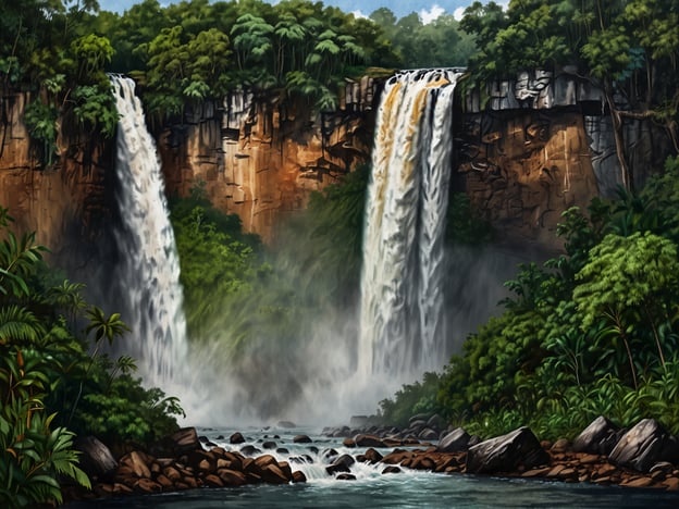 Auf dem Bild sind beeindruckende Wasserfälle, umgeben von üppiger tropischer Vegetation, zu sehen. Diese Szenerie erinnert stark an den Kaieteur Nationalpark in Guyana, der für seine majestätischen Wasserfälle und die vielfältige Flora und Fauna bekannt ist.Hier sind einige Reisetipps für die Erkundung des Kaieteur Nationalparks:1. **Anreise**: Der Park ist am besten per Flugzeug von Georgetown aus erreichbar. Es gibt auch geführte Bootstouren, die eine abenteuerliche Möglichkeit bieten.2. **Beste Reisezeit**: Die Trockenzeit von September bis November und von Februar bis April ist ideal, um die Wasserfälle in voller Pracht zu erleben.3. **Führungen**: Nehmen Sie an geführten Touren teil, um mehr über die lokale Tierwelt und die Geschichte des Parks zu erfahren. Ein ortskundiger Führer kann Ihnen viele interessante Informationen bieten.4. **Ausrüstung**: Bringen Sie gutes Schuhwerk mit, da es im Park viele Wanderwege gibt. Vergessen Sie nicht, Sonnencreme, Insektenschutzmittel und ausreichend Wasser mitzunehmen.5. **Fotomöglichkeiten**: Die besten Blickwinkel auf die Wasserfälle sind oft etwas abseits der Hauptwege. Nehmen Sie sich Zeit, um verschiedene Perspektiven einzufangen.6. **Respektieren Sie die Natur**: Achten Sie darauf, die Umwelt zu schonen und Ihren Müll wieder mitzunehmen. Der Park ist ein wichtiger Lebensraum für viele bedrohte Arten.Genießen Sie die atemberaubende Schönheit des Kaieteur Nationalparks!